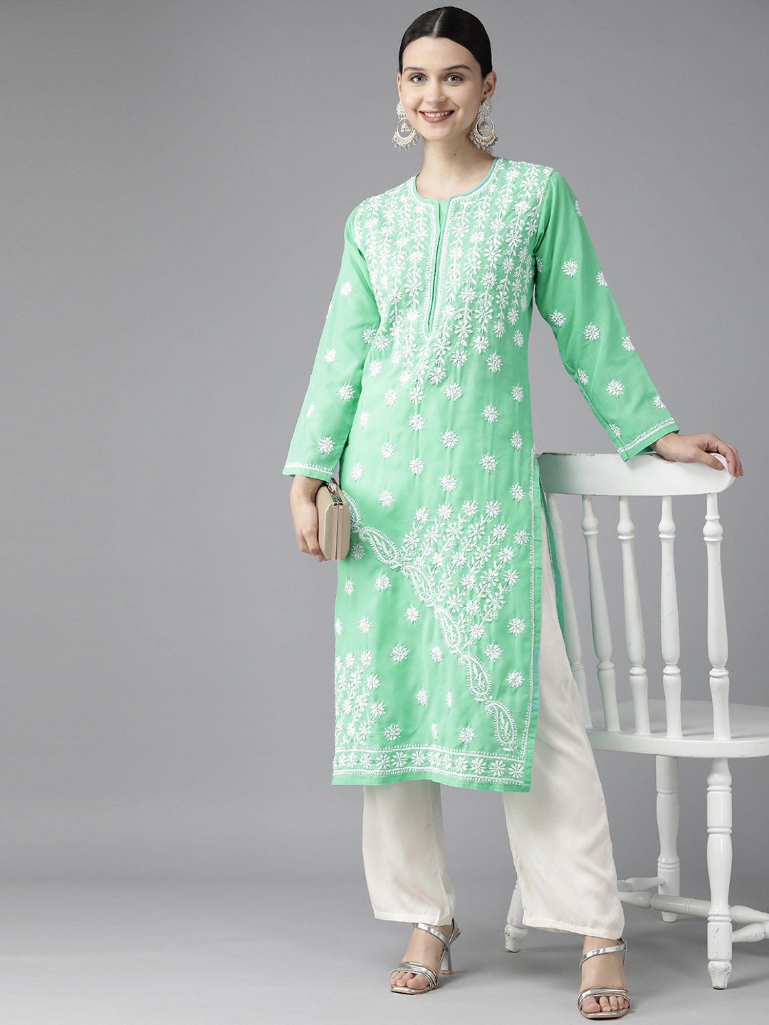 embroidered sea green lucknowi chikankari kurta