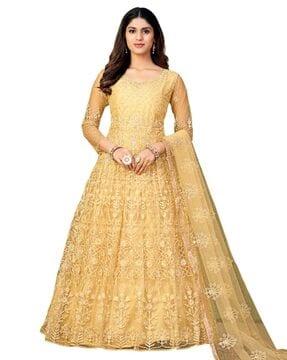 embroidered semi-stitched anarkali dress material