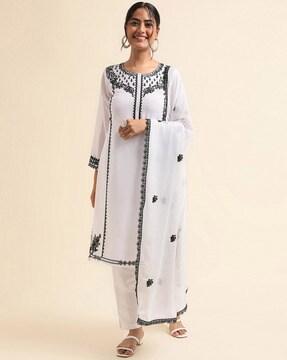 embroidered semi-stitched straight dress material