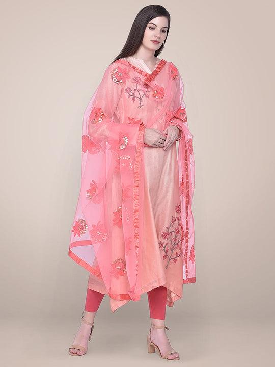 embroidered sequence work coral net dupatta