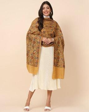 embroidered shawl with fringed hems