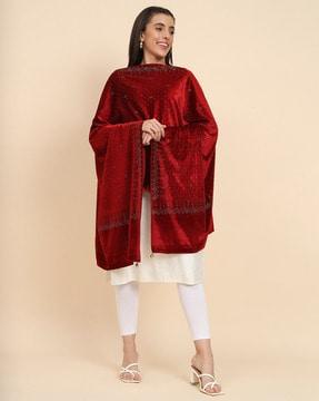 embroidered shawl with fringed hems