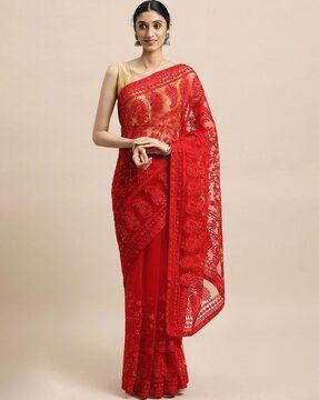 embroidered sheer-through net saree