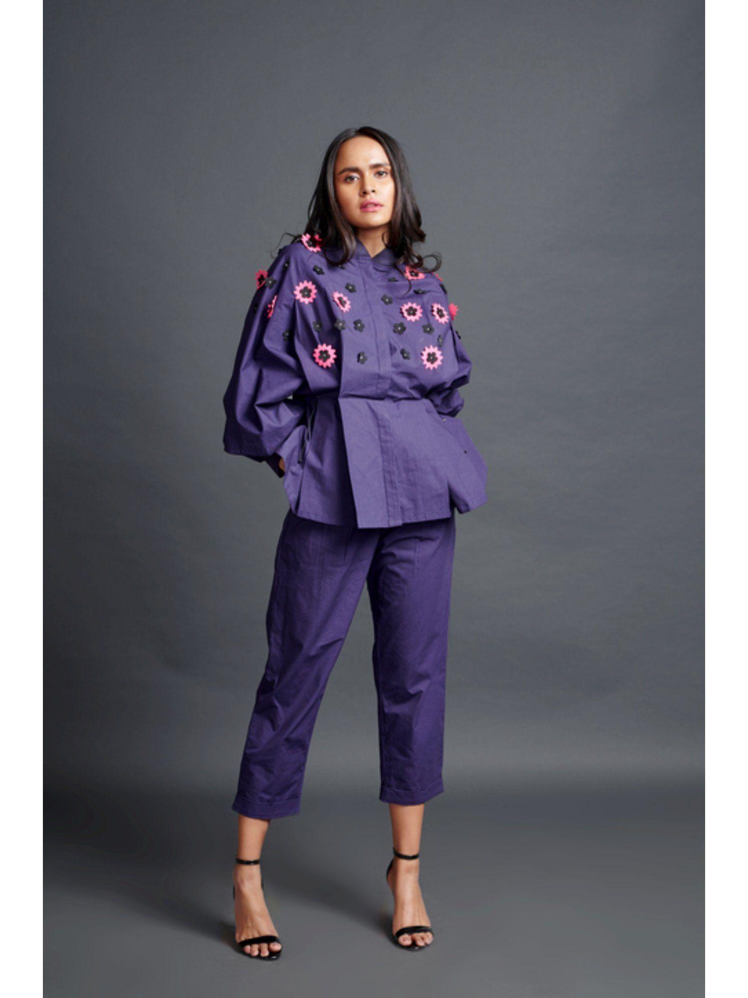 embroidered shirt & pant co-ord set purple (set of 2)