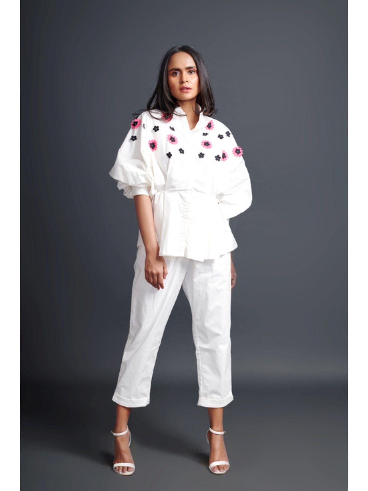 embroidered shirt & pant co-ord set white (set of 2)