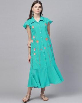 embroidered shirt dress with ruffle detail