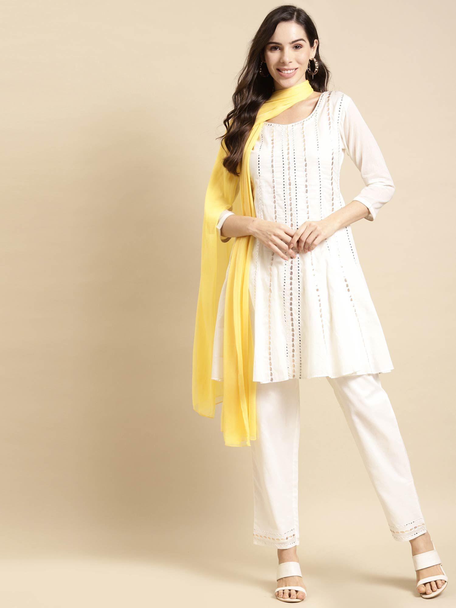 embroidered short anarkali kurta with pants and dupatta - white (set of 3)