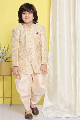 embroidered silk blend collar neck boys sherwani set - natural