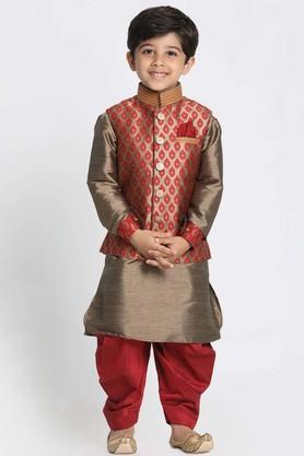 embroidered silk blend mandarin boys jacket kurta and dhoti set - gold