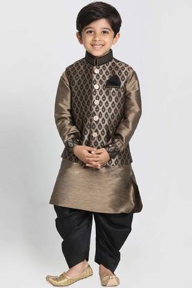 embroidered silk blend mandarin boys jacket kurta and dhoti set - gold