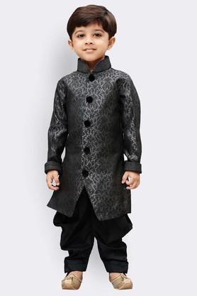 embroidered silk blend mandarin boys sherwani and dhoti set - grey