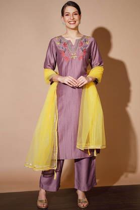 embroidered silk blend regular fit women's kurta palazzo dupatta set - mauve