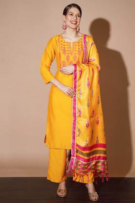 embroidered silk blend regular fit women's kurta palazzo dupatta set - mustard
