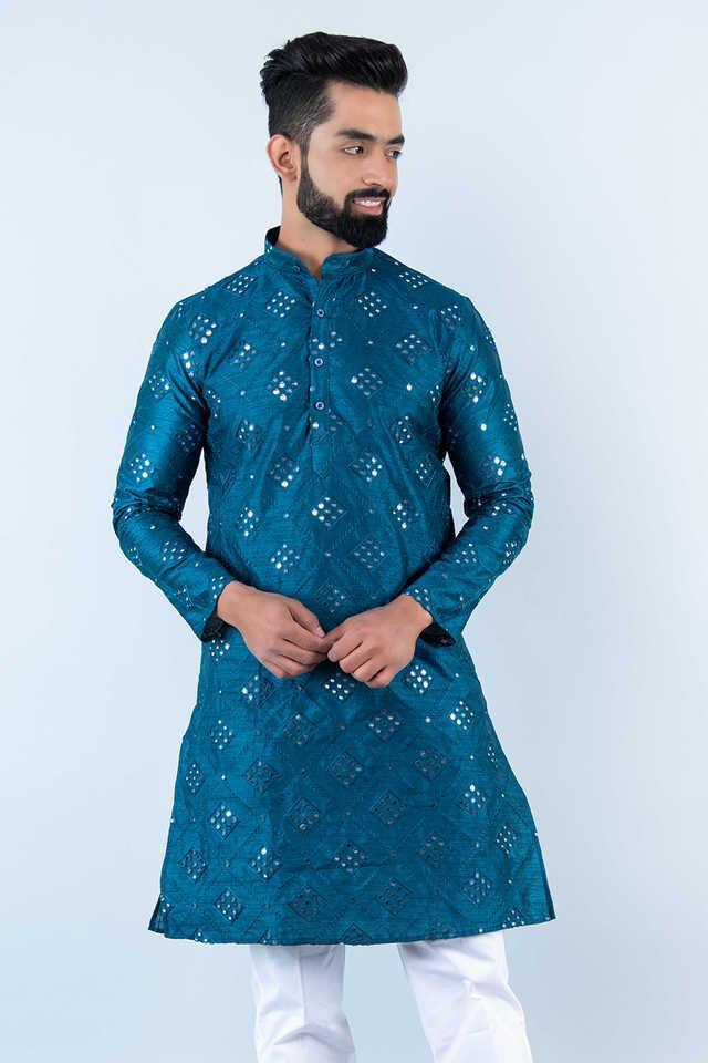 embroidered silk blend relaxed fit mens kurta