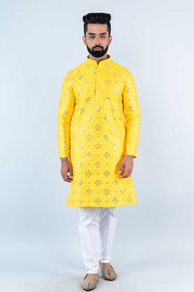 embroidered silk blend relaxed fit mens kurta