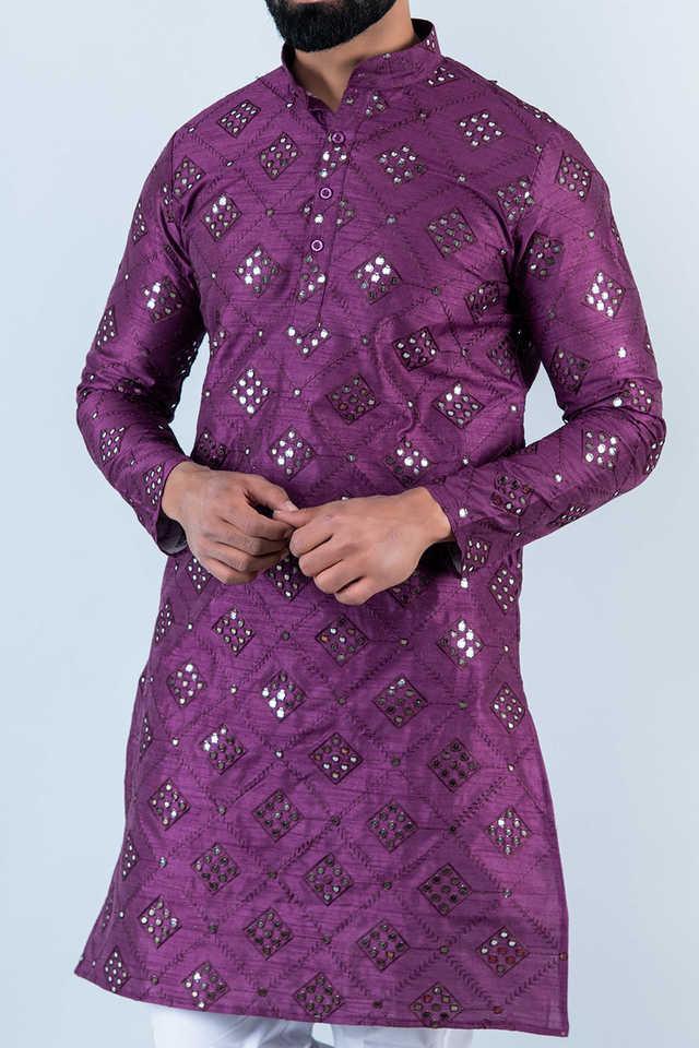 embroidered silk blend relaxed fit mens kurta