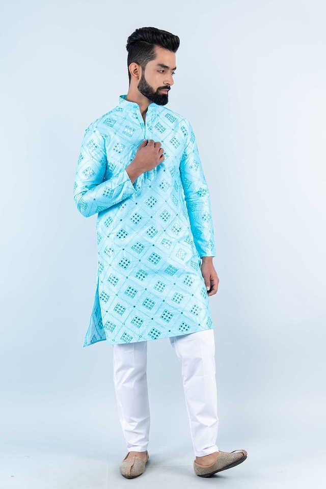 embroidered silk blend relaxed fit mens kurta