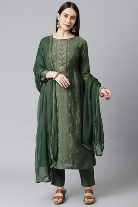 embroidered silk blend round neck girls salwar kurta dupatta set - green