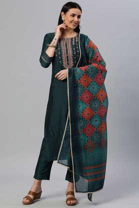 embroidered silk blend round neck women's salwar kurta dupatta set - blue