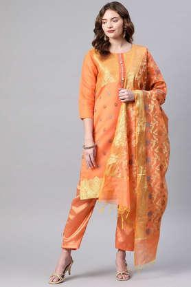 embroidered silk blend women's salwar kurta dupatta set - orange