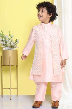 embroidered silk collar neck boys kurta set - peach