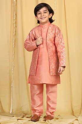 embroidered silk collar neck boys sherwani set - peach