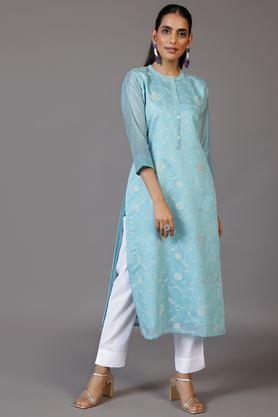 embroidered silk collared women's fusion wear kurta - blue