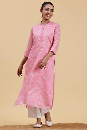 embroidered silk collared women's fusion wear kurta - pink