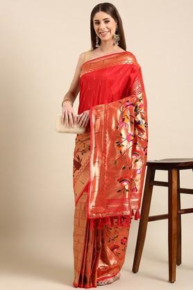 embroidered silk festive wear women's saree - red