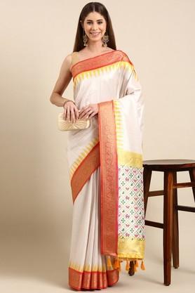 embroidered silk festive wear women's saree - yellow