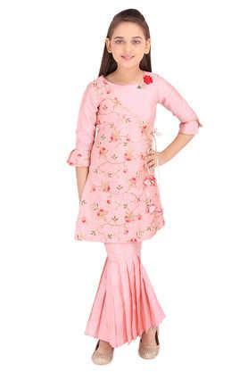 embroidered silk full length girls kurta set - peach