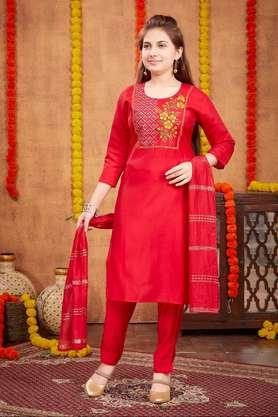 embroidered silk knee length girls kurta set - red