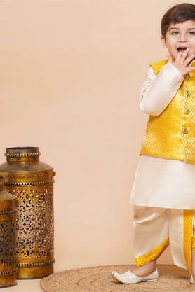 embroidered silk regular fit boys dhoti kurta waistcoat set - yellow