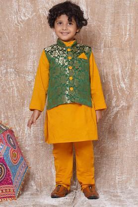 embroidered silk regular fit boys ethnic suit set - yellow
