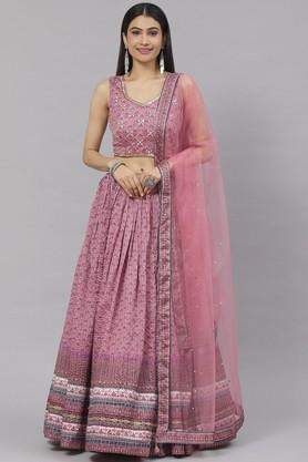 embroidered silk regular fit women's lehenga choli set - pink