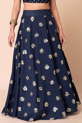embroidered silk relaxed fit women's skirt - blue