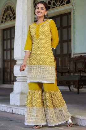 embroidered silk round neck women's kurta garara set - mustard