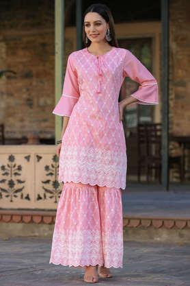 embroidered silk round neck women's kurta garara set - pink