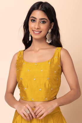 embroidered silk scoop neck women's top - yellow