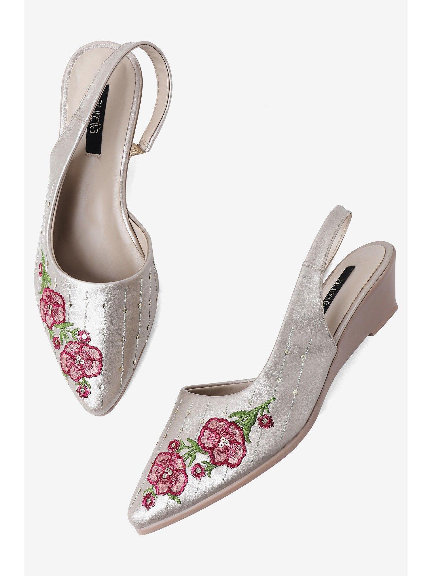 embroidered silver pointed wedge