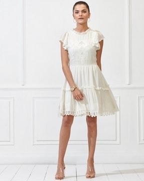 embroidered skater dress with frilled-neck