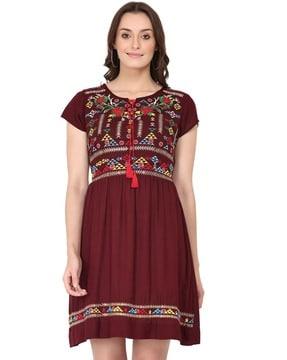 embroidered skater dress with neck tie-up