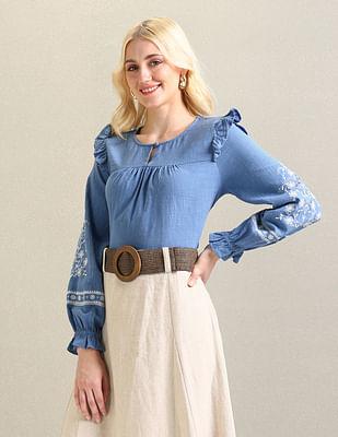 embroidered sleeve cotton flax top