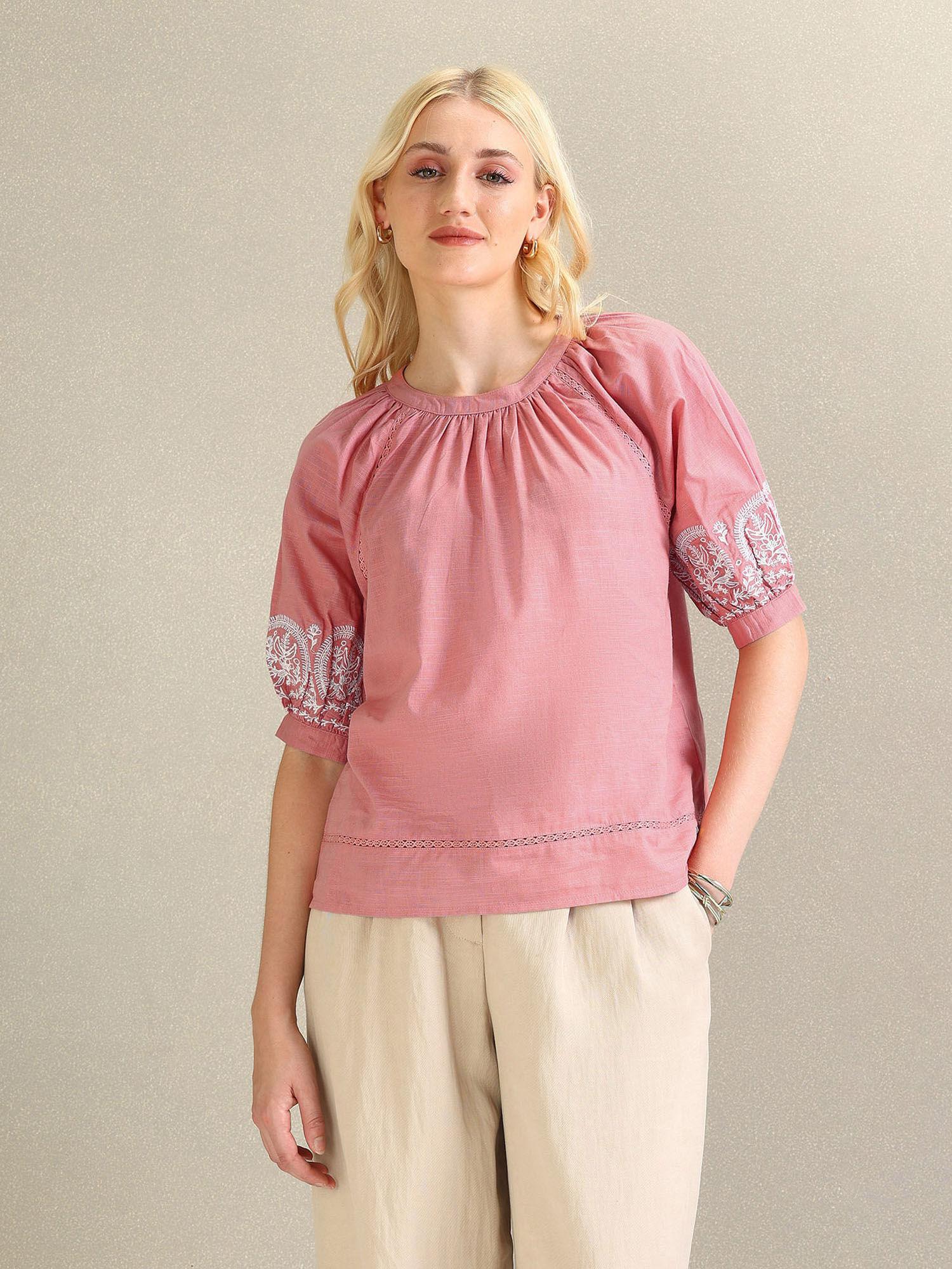 embroidered sleeve cotton top