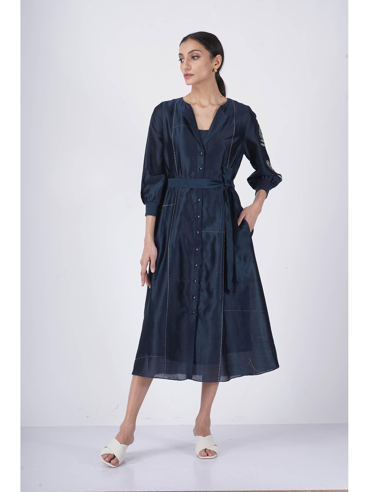embroidered sleeve indigo dress with slip & belt (set of 3)