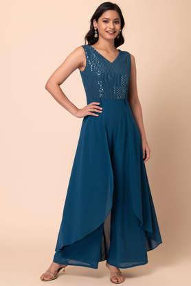 embroidered sleeveless chiffon women's full length jumpsuit - blue