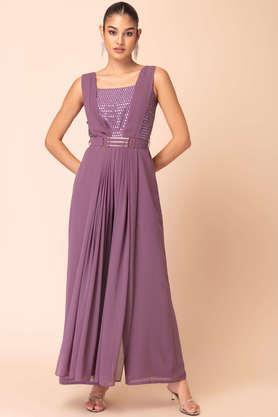 embroidered sleeveless georgette women's full length jumpsuit - purple