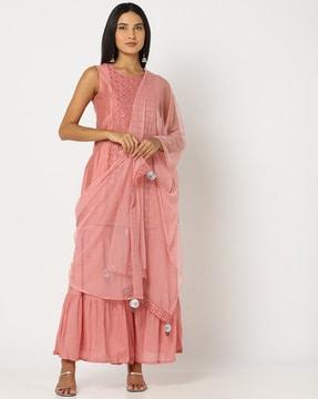 embroidered sleeveless kurta & sharara with dupatta set