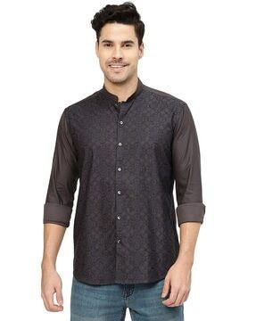 embroidered slim fit shirt with band collar