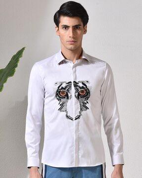 embroidered slim fit shirt with cuffed sleeves